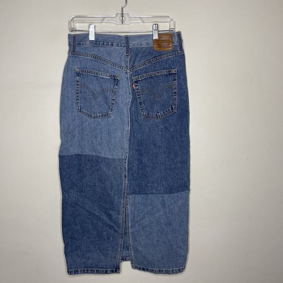 LEVI'S Premium Button Patchwork Denim Midi Skirt Back Slit Retro Boho 70's 29 - Picture 5 of 10